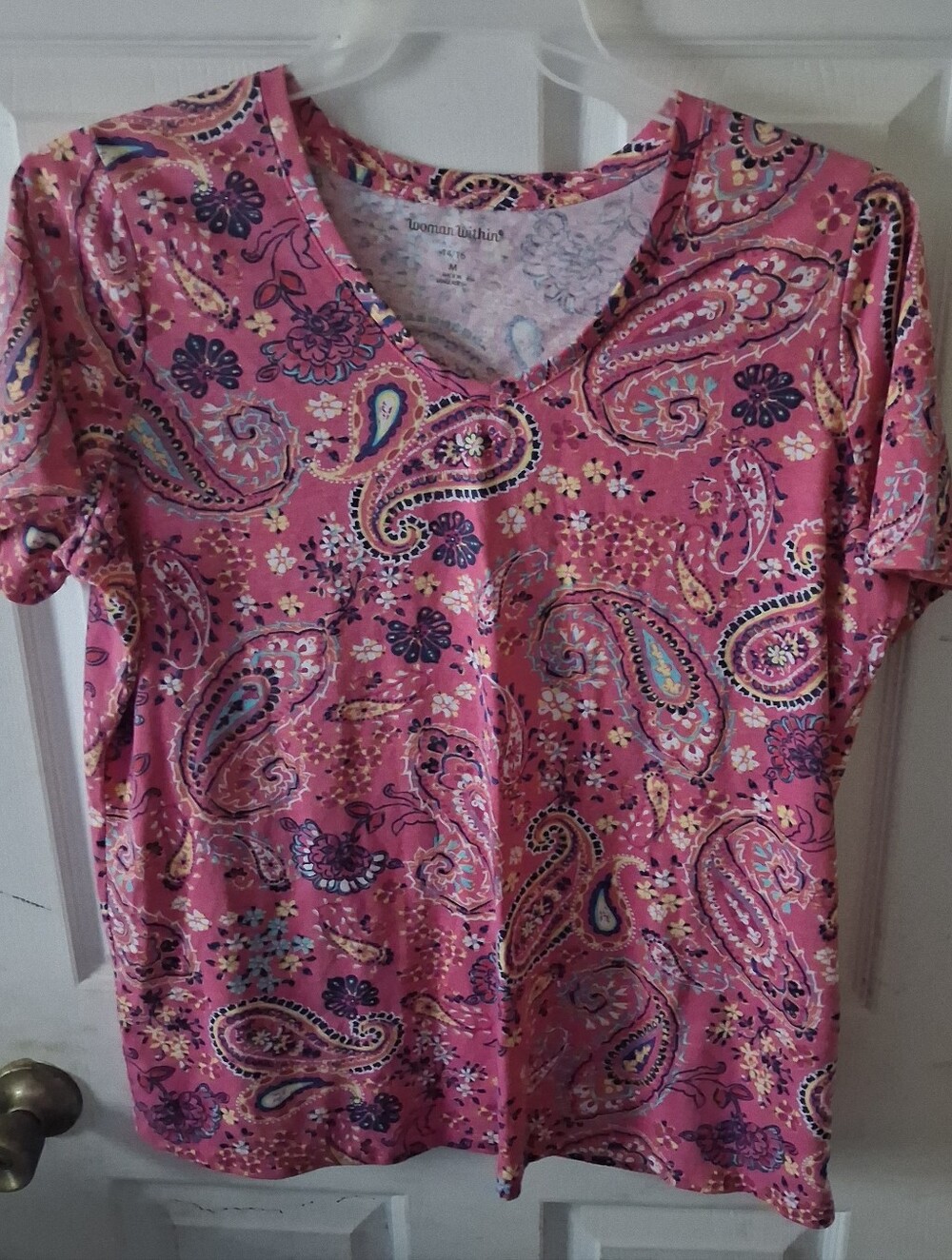 Woman Within - Women’s Medium (14-16)Pink w/Floral, Geometrical Pattern Top